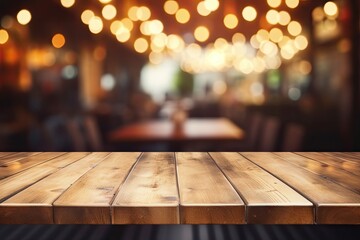 Blurry cafe background with wooden table perfect for product display or montage - obrazy, fototapety, plakaty