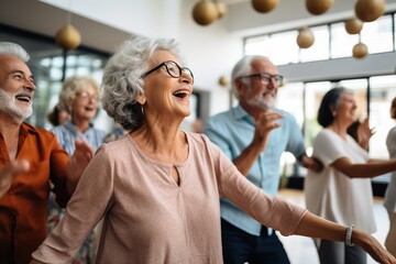 Group of elderly people dancing happily