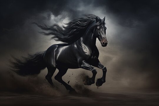 Black horse galloping in darkness