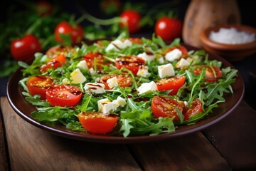 Vegetable salad with feta, arugula, lettuce, and roast tomatoes on wooden table.