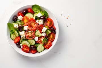 Greek salad - tomatoes, cucumbers, bell peppers, olives, and feta in a white bowl, from above, with room for text.