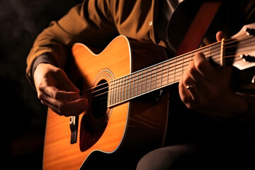 Fototapeta premium Man playing acoustic guitar on dark background, closeup. Music concept