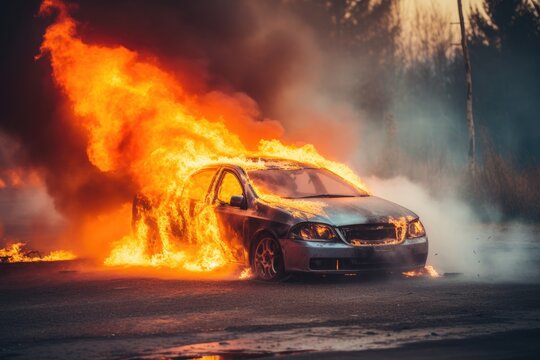 Car on fire post accident no injuries firefighters en route