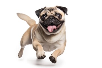 Obraz premium Cheerful pug dog posing and running in studio White background showing movement love for pets Ideal for ads