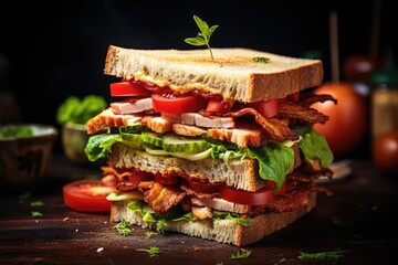 Chicken bacon tomato cucumber and herbs on a club sandwich