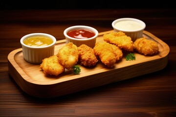 Chicken breast nuggets with choice of three popular sauces on wooden background copy space available