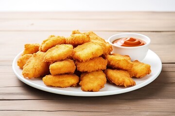 Chicken nugget plate on white wood background composition