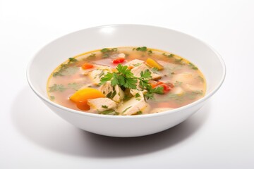 Chicken vegetable soup in white bowl on saucer Side view isolated on white