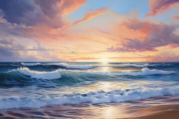 Obraz premium Sunset over the cloudy sky sea and the waves breaking