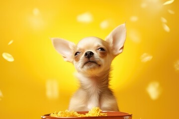 Chihuahua puppy enjoys tasty food with closed eyes on yellow background - obrazy, fototapety, plakaty