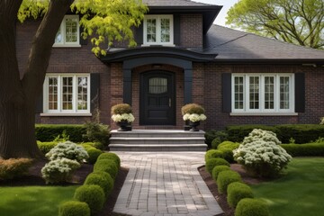 Classic home s front entrance with landscaped yard and brick path - obrazy, fototapety, plakaty