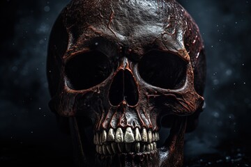 Close up of a dark eerie skull on a black backdrop - obrazy, fototapety, plakaty
