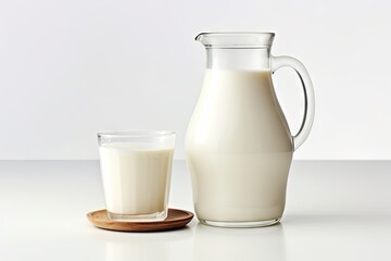 Close up of a jug and glass of fresh whole milk isolated on a white background