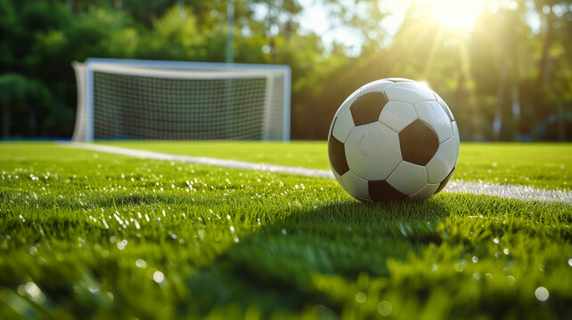 Fototapeta textured soccer game field with ball in front of the soccer goal