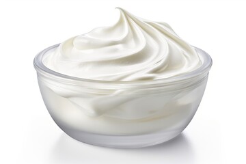 Close up view of white beauty cream or yogurt on white background with clipping path