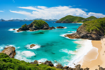 Fototapeta premium A coastal paradise with white sandy beaches and crystal-clear turquoise waters, where sun-kissed travelers engage in water activities and bask in the sheer joy of a perfect day by