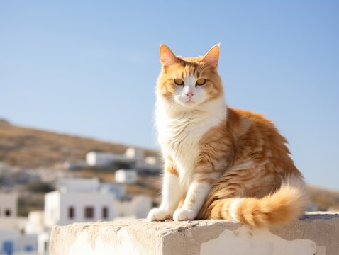 Ginger cat on a stone wall with a town in the background