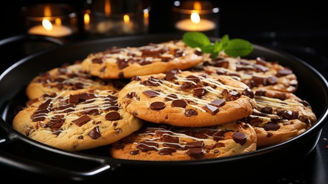 Close-up image of chocolate chip cookies on a black plate