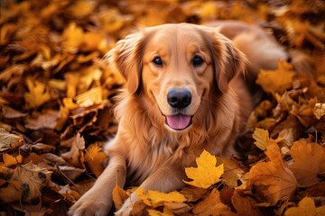 Golden Retriever Dog playing in leaves during Autumn