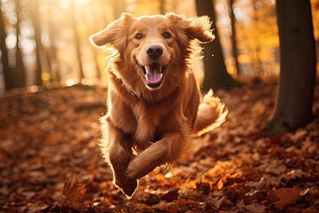 Golden retriever leaping through fall foliage in sunny autumn