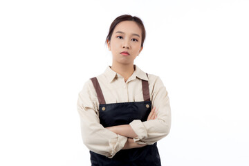 Portrait young asian barista woman wearing apron stress with expression isolated white background, waitress or entrepreneur unhappy and frustrated, small business or startup, waiter of cafe.