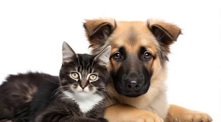Gorgeous cat and dog against white backdrop