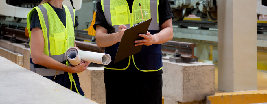 Young caucasian engineer man and woman checking electric train for planning maintenance looking document on clipboard in station, transport and infrastructure, inspector check service transport.