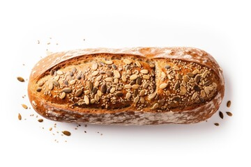 Bird's-eye view of a whole grain multigrain bread loaf with various edible seeds isolated on white background.