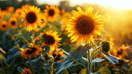 Fields of sunflower in the bright light of sunset, creating fiery splendor against the background