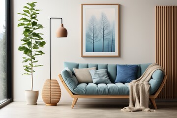 Blue and White Living Room Interior Design - obrazy, fototapety, plakaty