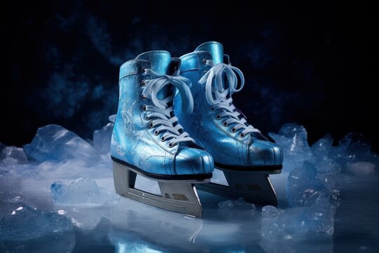 Ice skates in a striking blue portrait photograph