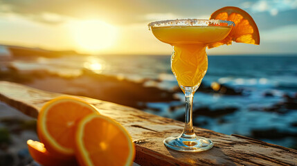 The refreshing orange margarita with salt on the edge of the glass, against the backdrop of the wa - obrazy, fototapety, plakaty