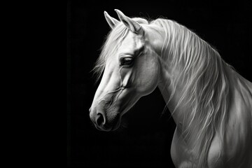 Monochrome portrait of a white horse