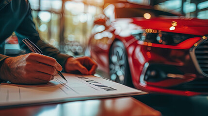 The signature of the insurance policy the buyer signs the insurance policy for his new car