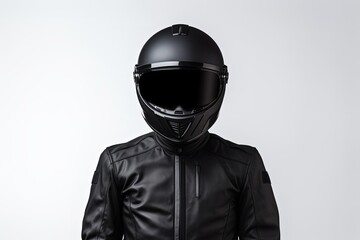 Motorcycle rider with black helmet in front of white background