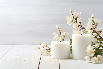 Spa atmosphere with white flowers, candles, and willow branches on a wooden background.