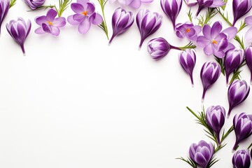 Flat lay of violet crocuses on white background with text space, top view