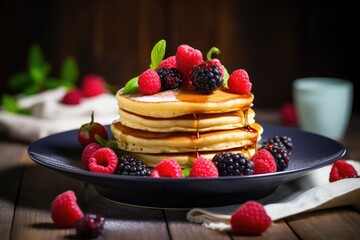 Fresh gluten-free pancakes with fresh berries on a white plate. - obrazy, fototapety, plakaty