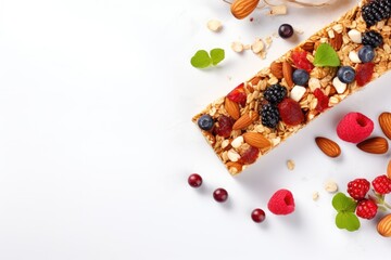 Granola bar with nuts, fruit, and berries on a white table. Top view.