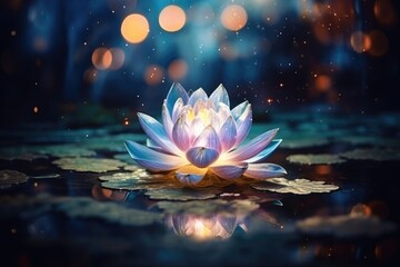 Miraculous and mysterious concept: enchanted lotus flower with fairy light. - obrazy, fototapety, plakaty