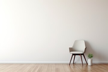 Real photo of a chair and wooden floor in a living room with a white empty wall with copy space and a place for your light switch. - obrazy, fototapety, plakaty