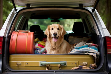 Golden retriever sitting in the back of a car with luggage