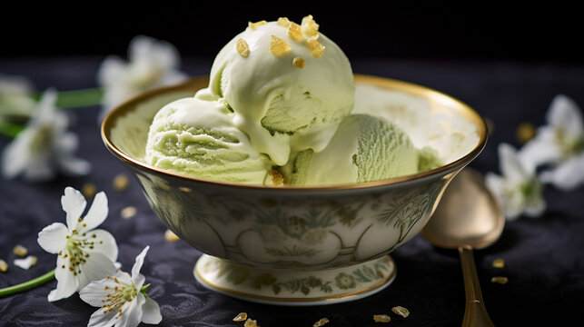 jasmine tea ice cream in a tranquil chinese tea house on elegant bowl