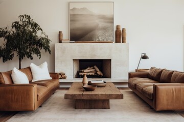 Simplistic modern farmhouse living room with minimal decor gas fireplace raw edge wooden mantel and brown leather furniture - obrazy, fototapety, plakaty