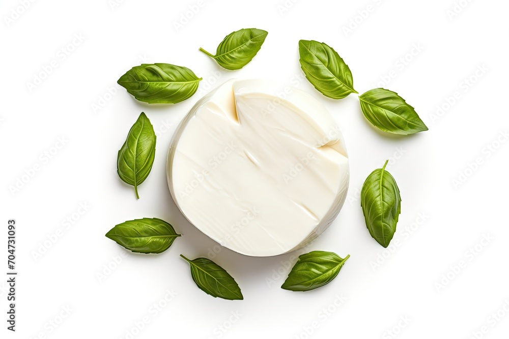 Sticker Top view of mozzarella cheese and basil leaf isolated on a white background