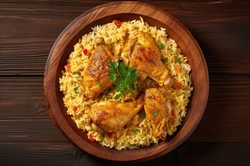 Top down view of curry chicken with rice on wooden background presented on a plate