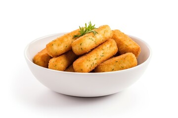 Top view of fried mozzarella sticks with herbs in a bowl isolated on white