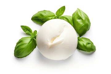 Top view of isolated mozzarella cheese and basil leaf on white - obrazy, fototapety, plakaty