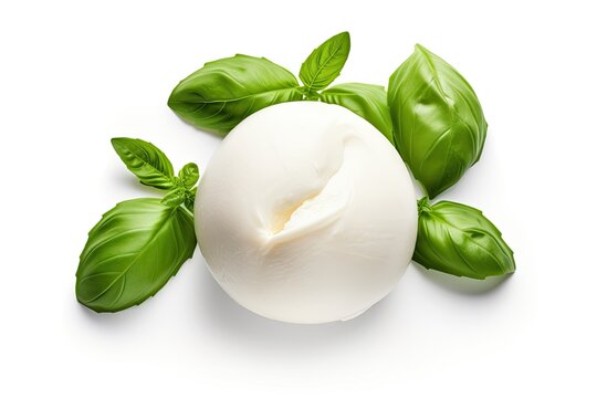 Top view of isolated mozzarella cheese and basil leaf on white