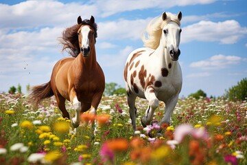 Two horses gallop on a flower filled field with a blue sky backdrop - obrazy, fototapety, plakaty